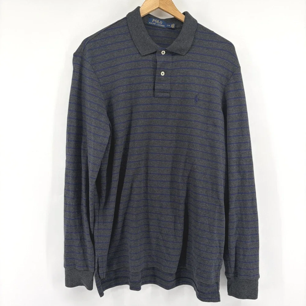 Polo Ralph Lauren Mens L‎ Rugby Long Sleeve Striped Polo Shirt Grey Blue Cotton
